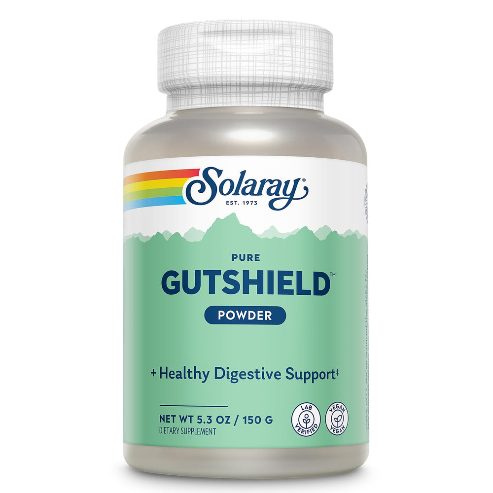 SOLARAY Gutshield Powder tub front view highlighting digestive support and vegan formula.