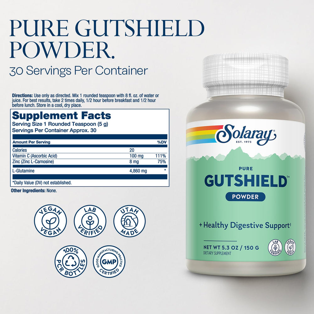 SOLARAY Gutshield Powder scooped for easy daily dosage and consistency.