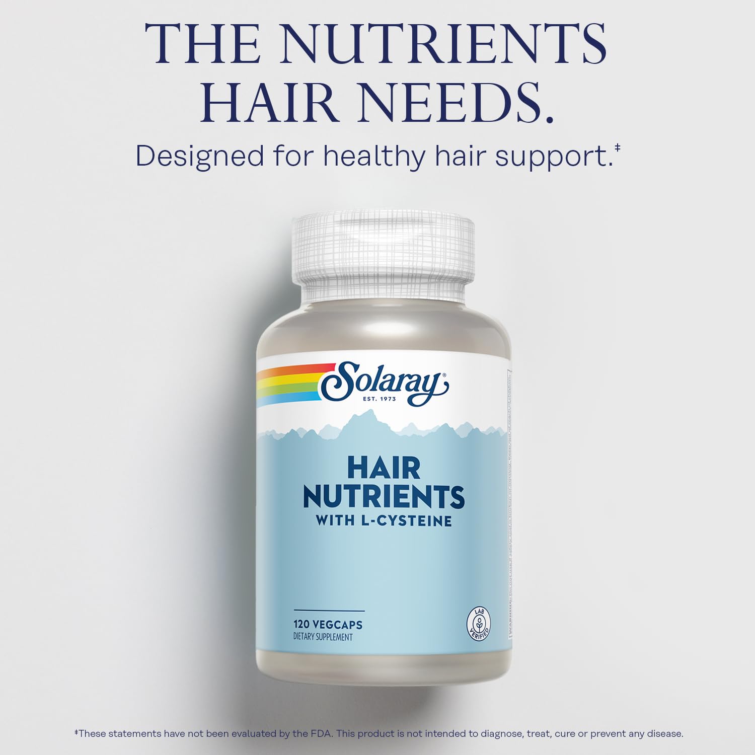 SOLARAY Hair Skin Nails vitamin capsules close-up highlighting packaging.