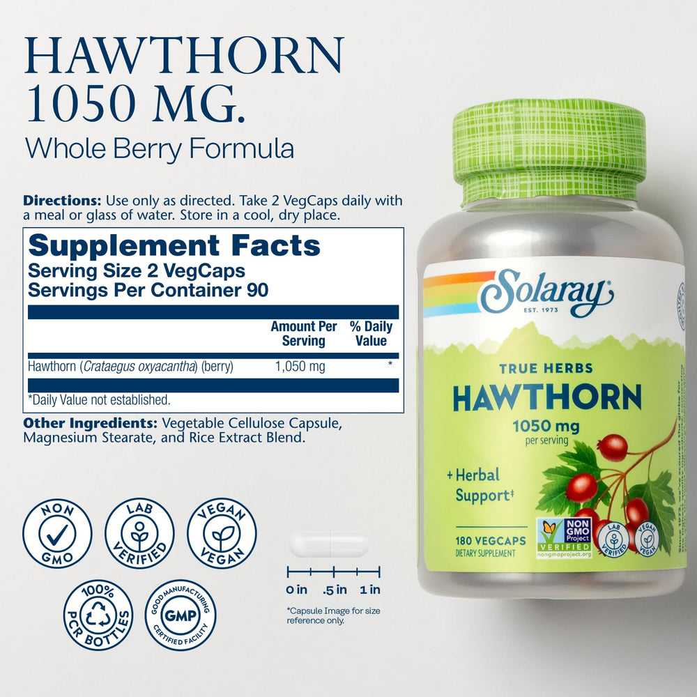 Close-up of SOLARAY Hawthorn berries highlighting whole berry formula