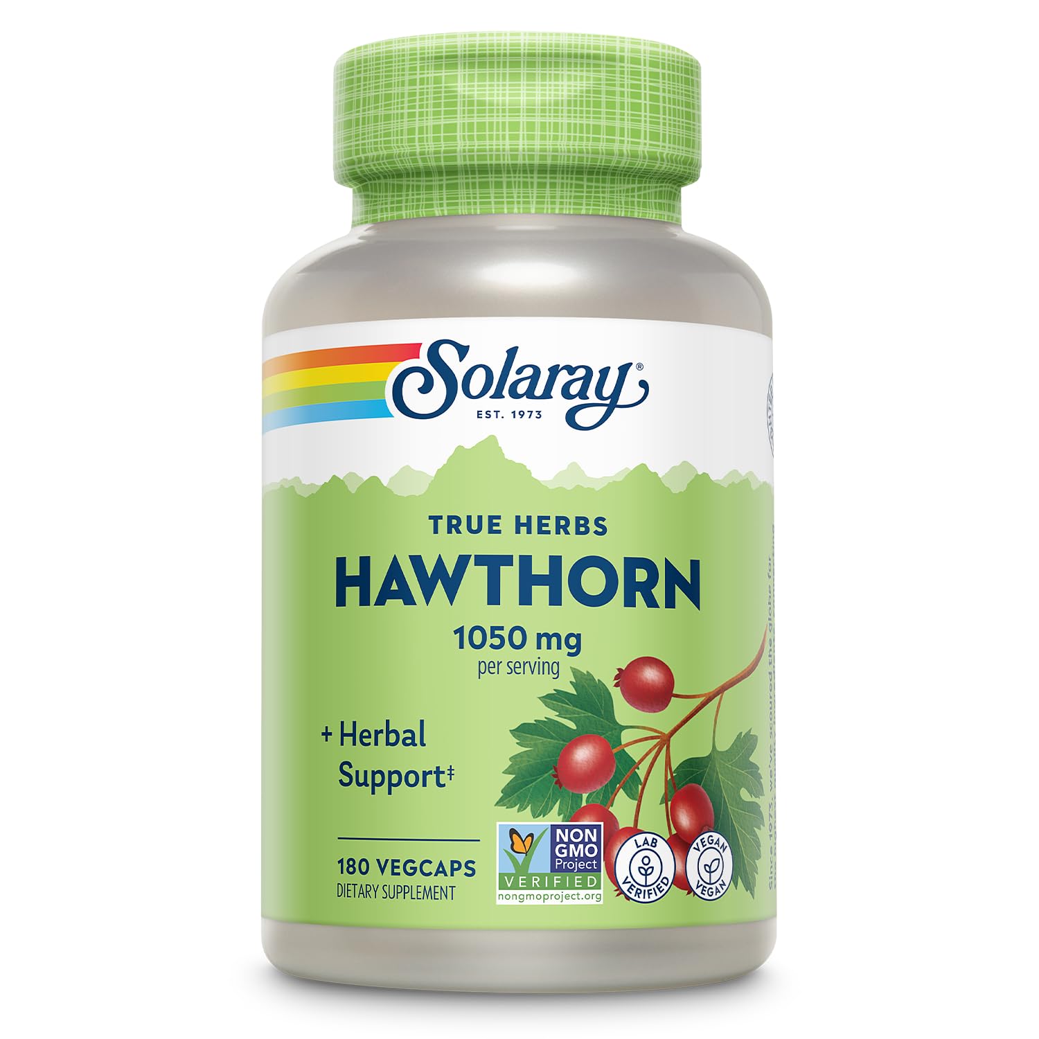 SOLARAY Hawthorn Berry Capsules bottle showing 180 vegan capsules for daily support