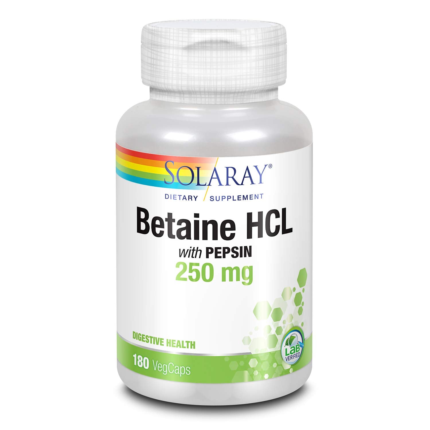 SOLARAY HCL with Pepsin bottle front promoting daily digestive support.