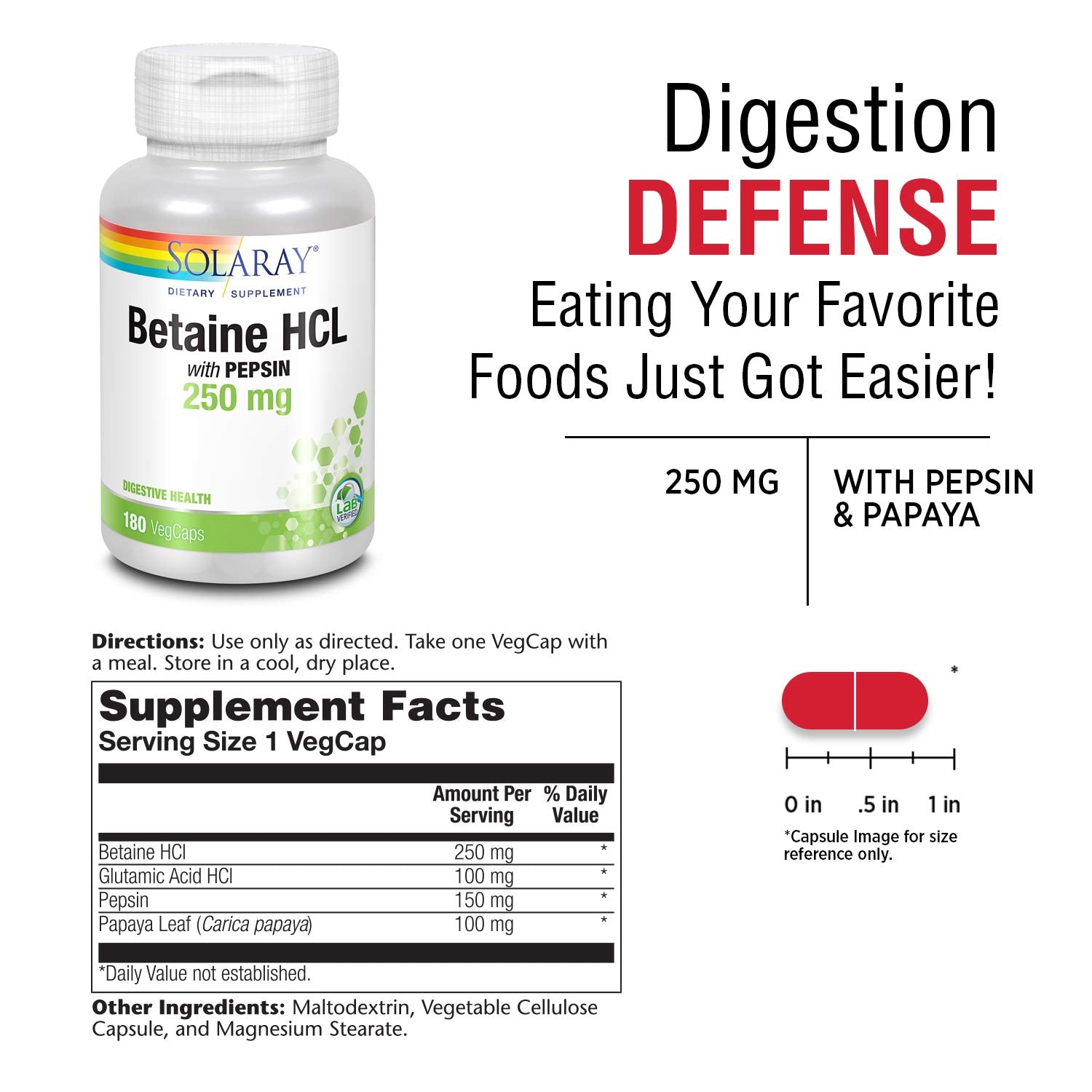 SOLARAY HCL with Pepsin label close-up highlighting pepsin and 250 mg.