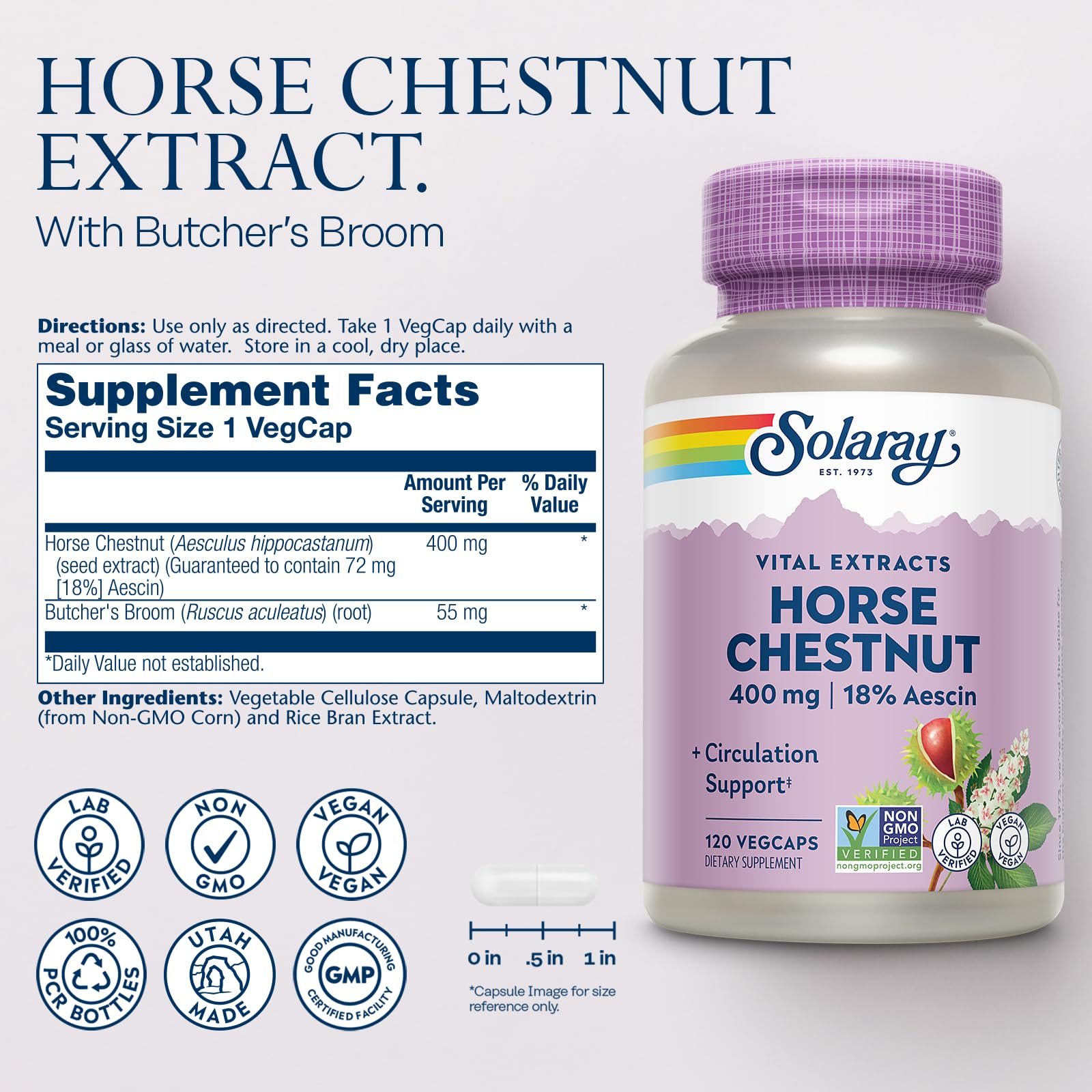SOLARAY Horse Chestnut Extract aescin-72mg image indicating strong circulatory support potential.