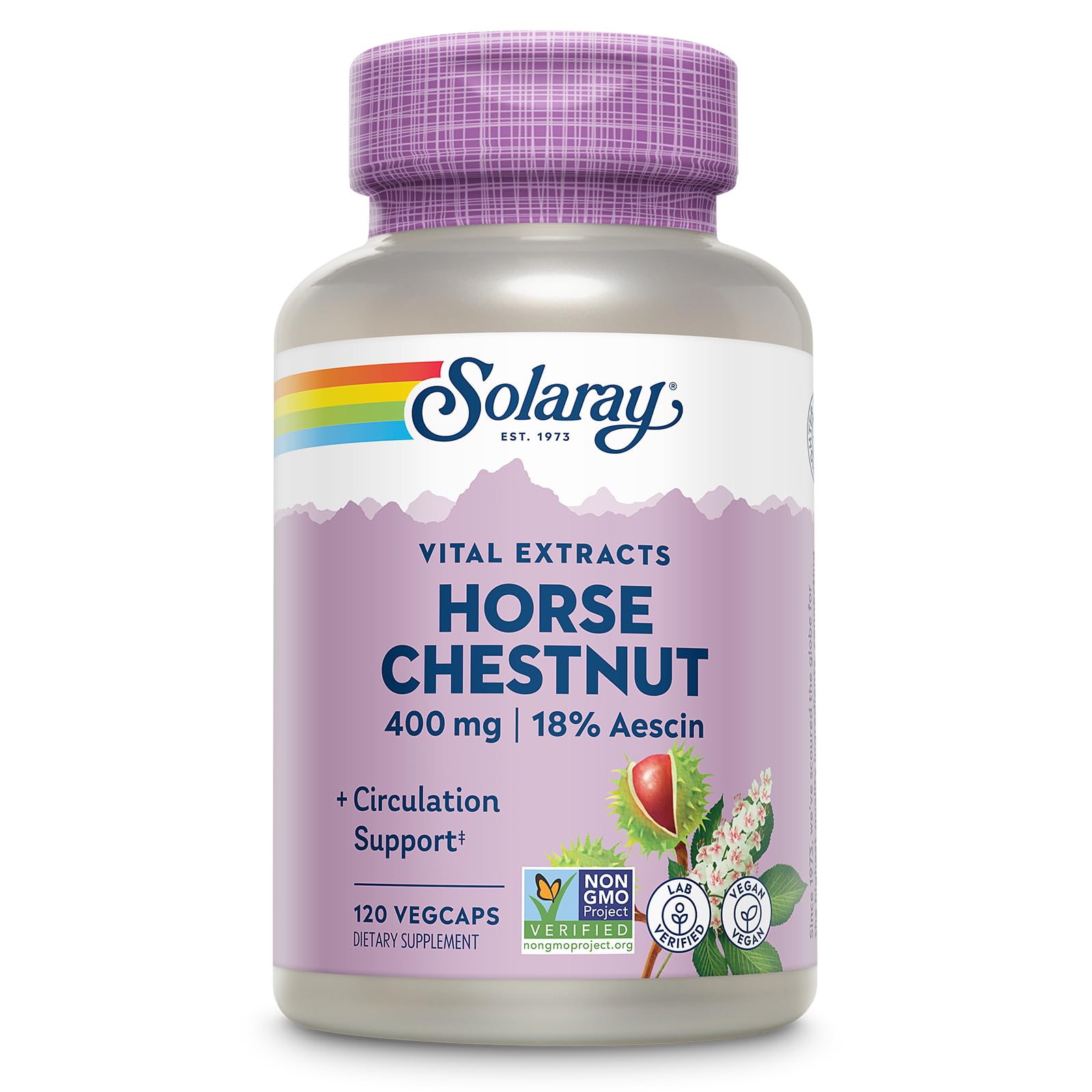 SOLARAY Horse Chestnut Extract capsule showing standardized aescin potency for vein comfort.
