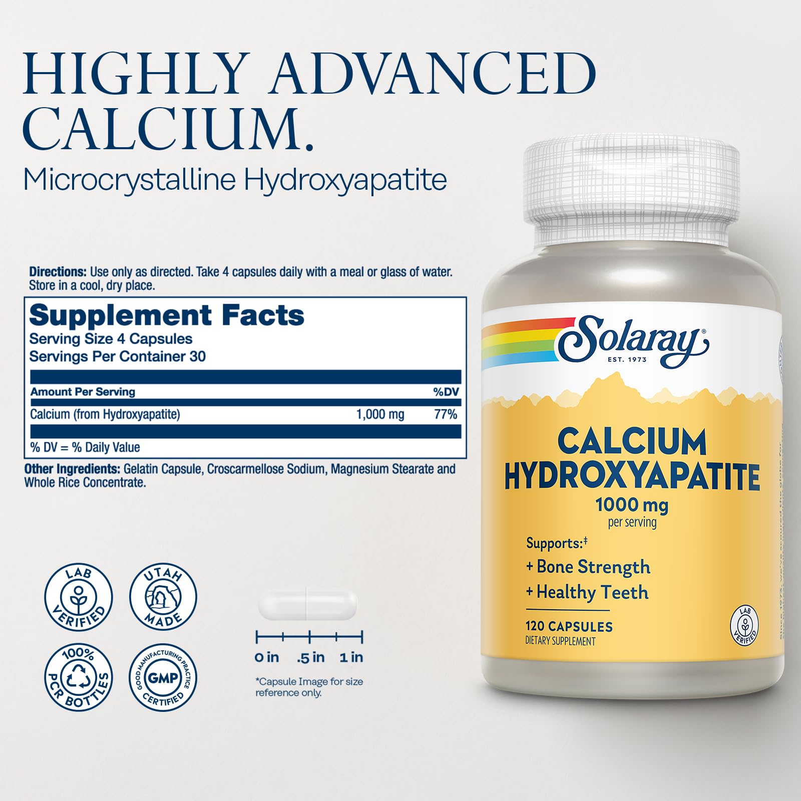 SOLARAY hydroxyapatite capsules closeup highlights easy-to-swallow capsules for daily use.