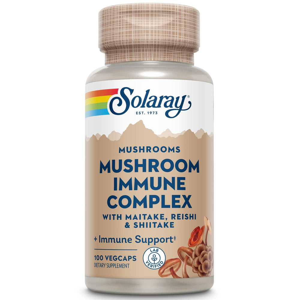 Solaray immune mushroom complex bottle for a convenient daily wellness routine.