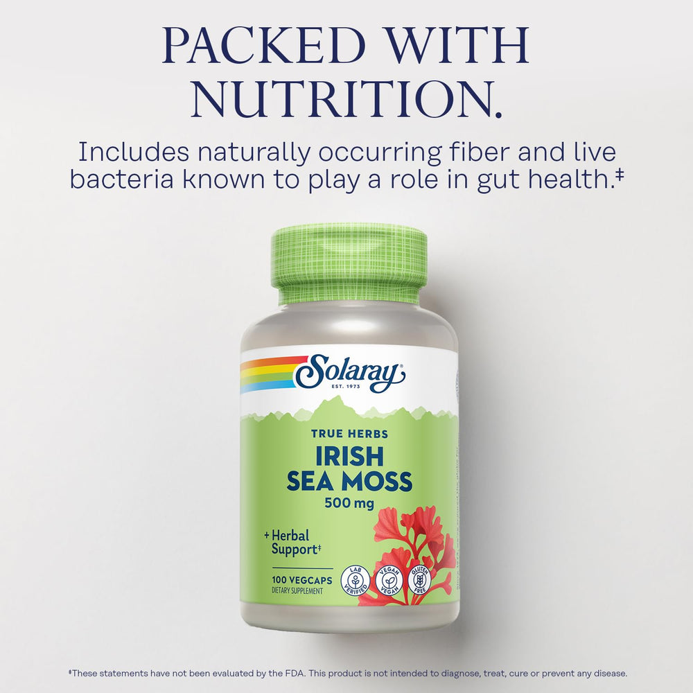 SOLARAY Irish Sea Moss label closeup highlights 500 mg VegCap.
