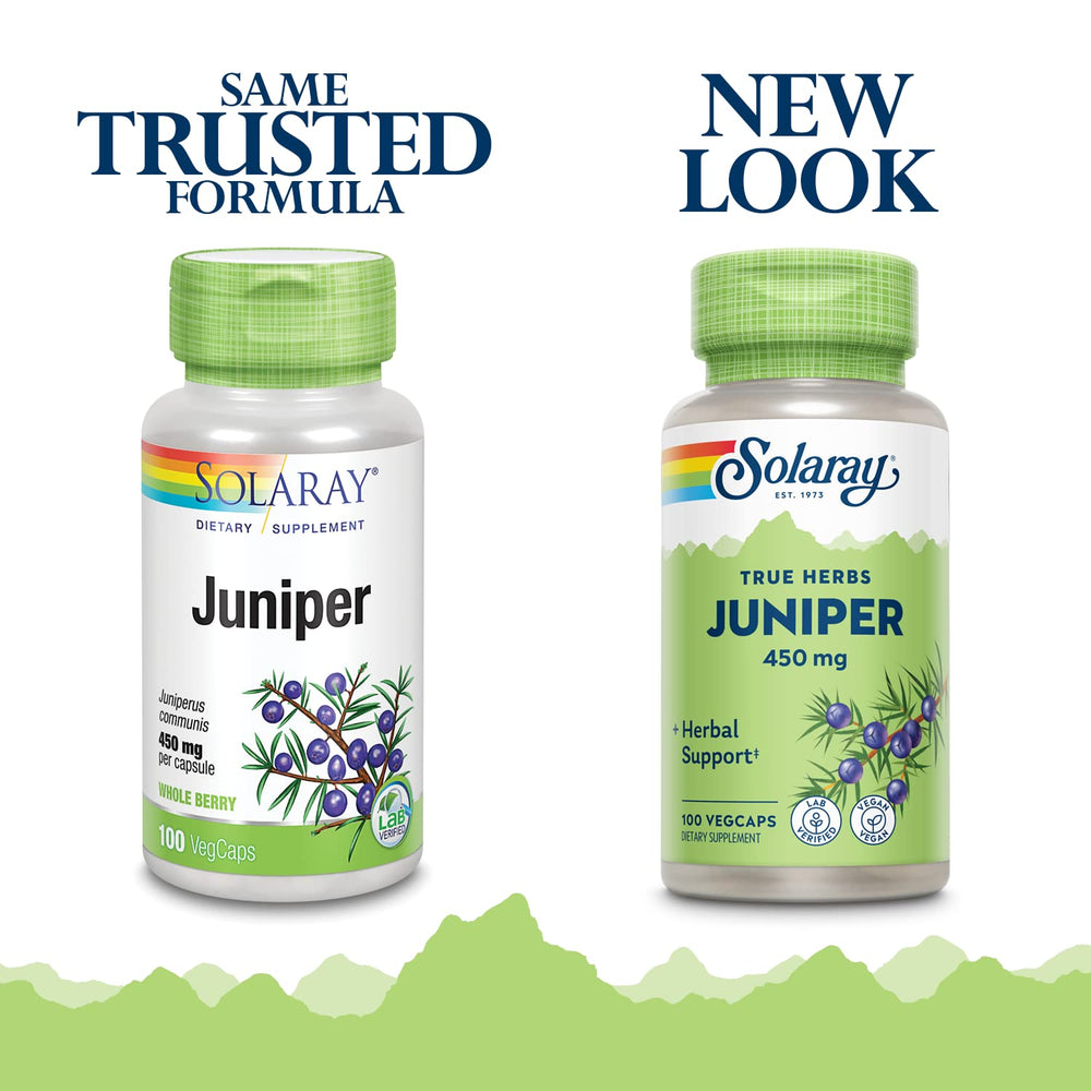 Close-up of SOLARAY Juniper Berry capsules highlighting convenient vegan supplementation.