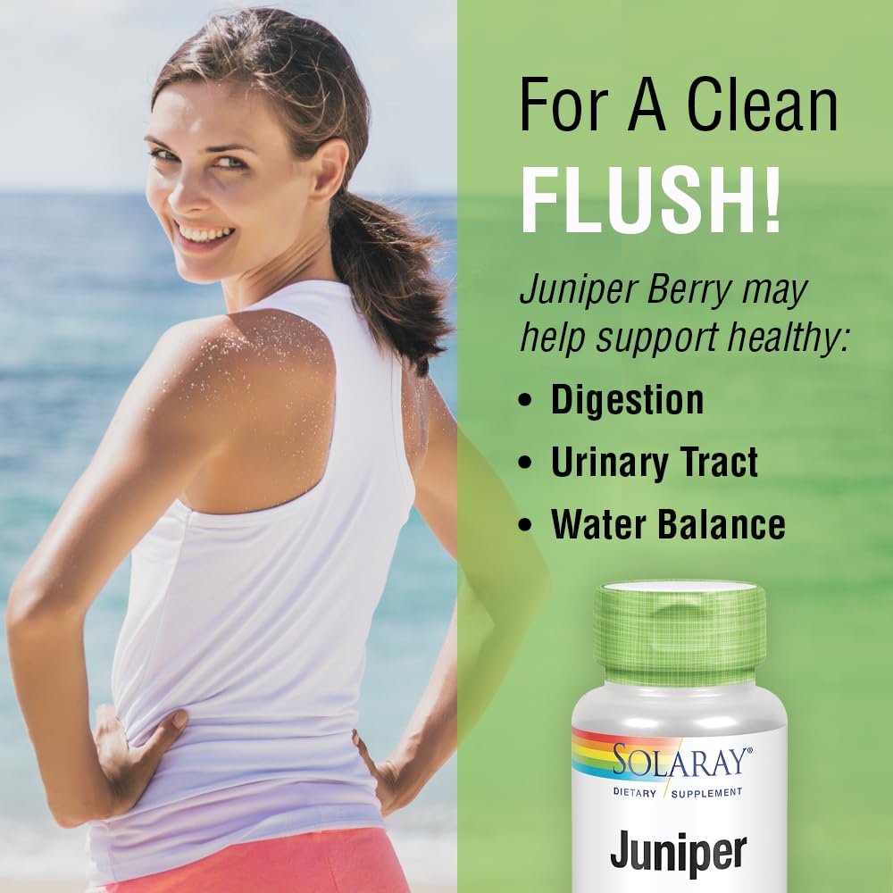 SOLARAY Juniper Berry capsules highlight a vegan, non-GMO formulation.