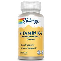 SOLARAY K-2 Mk-7 bottle label shows 50 mcg vitamin K2 MK-7 for daily use.