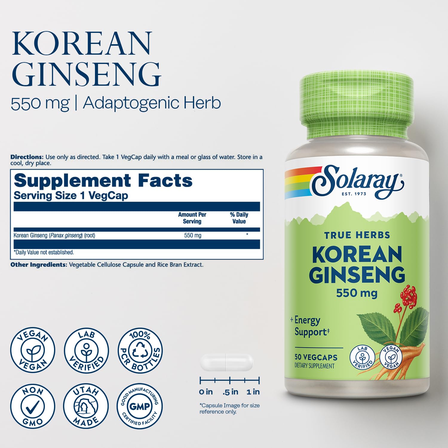 SOLARAY Korean Ginseng 550 mg capsules support steady energy throughout the day.