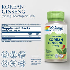 SOLARAY Korean Ginseng 550 mg capsules support steady energy throughout the day.