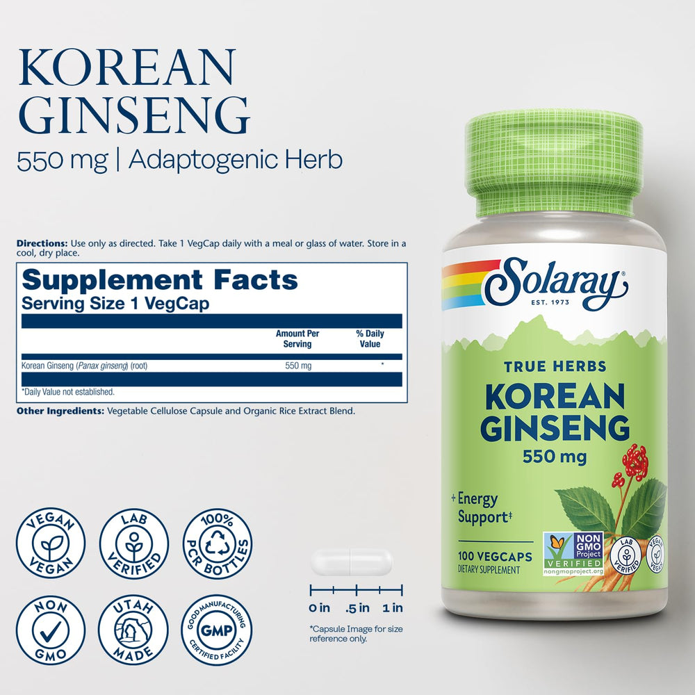 SOLARAY Korean Ginseng capsules close-up highlighting 550 mg strength for energy