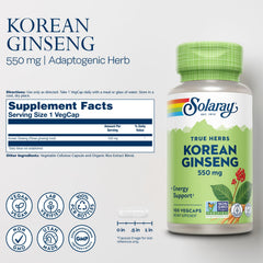 SOLARAY Korean Ginseng capsules close-up highlighting 550 mg strength for energy