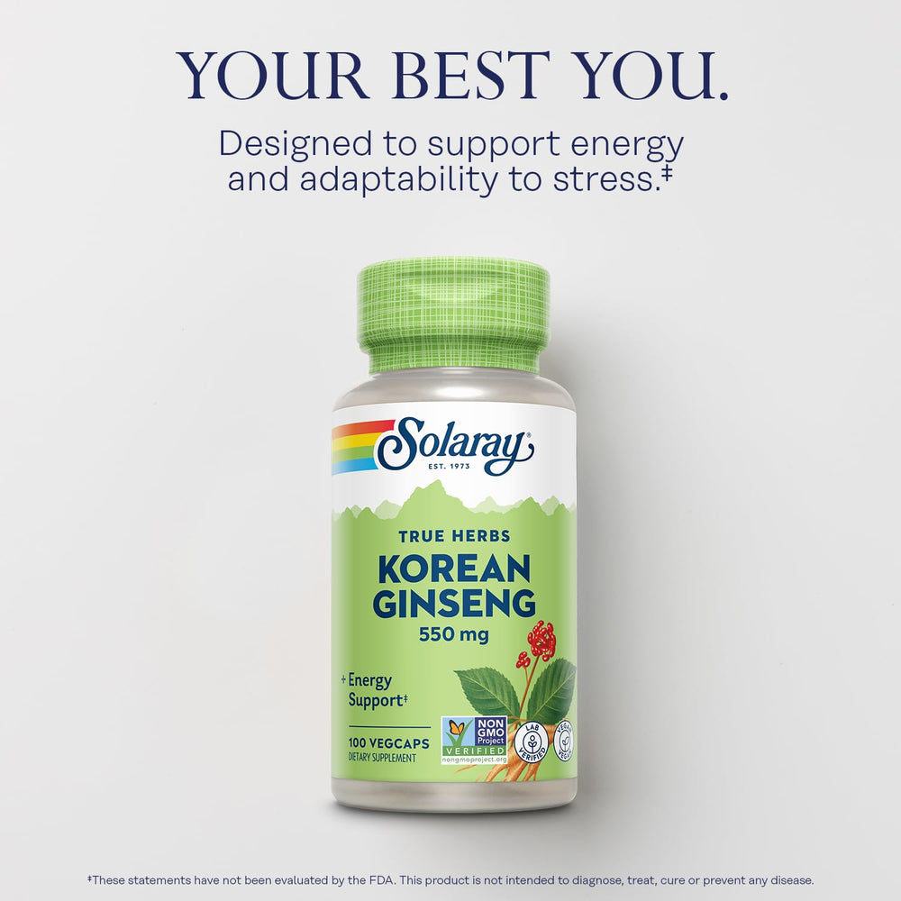 SOLARAY Korean Ginseng label viewed on shelf communicates vegan non GMO quality