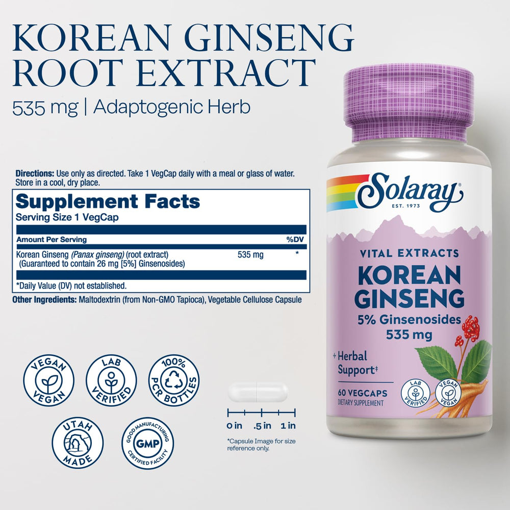 SOLARAY Korean Ginseng Root Extract capsules suggesting steady energy for daily use.