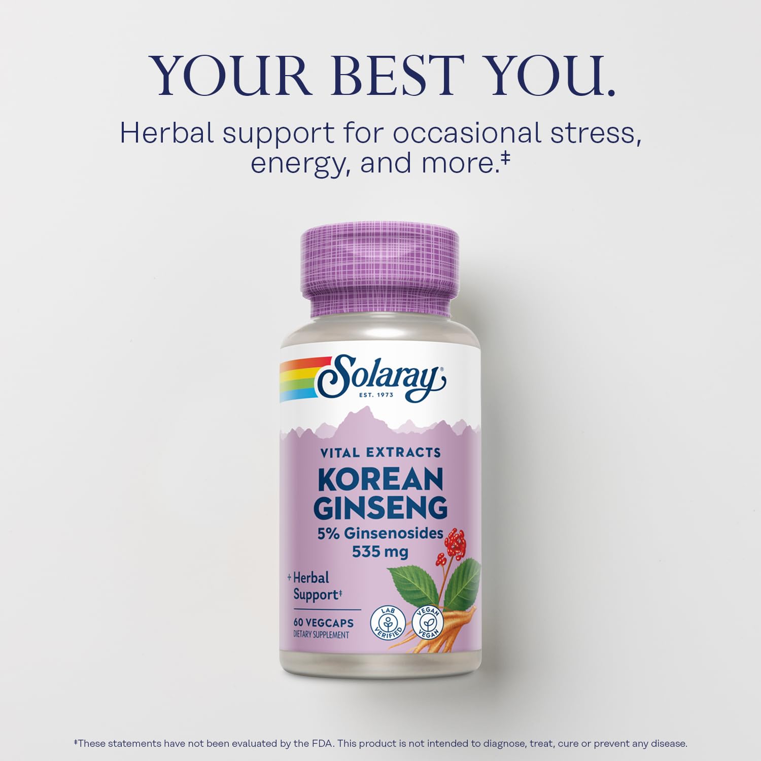 SOLARAY product label highlights 5% ginsenosides and quality testing.