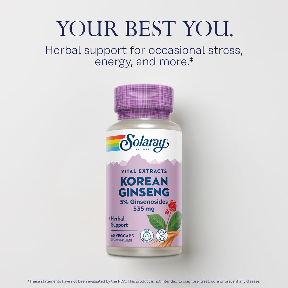 SOLARAY product label highlights 5% ginsenosides and quality testing.