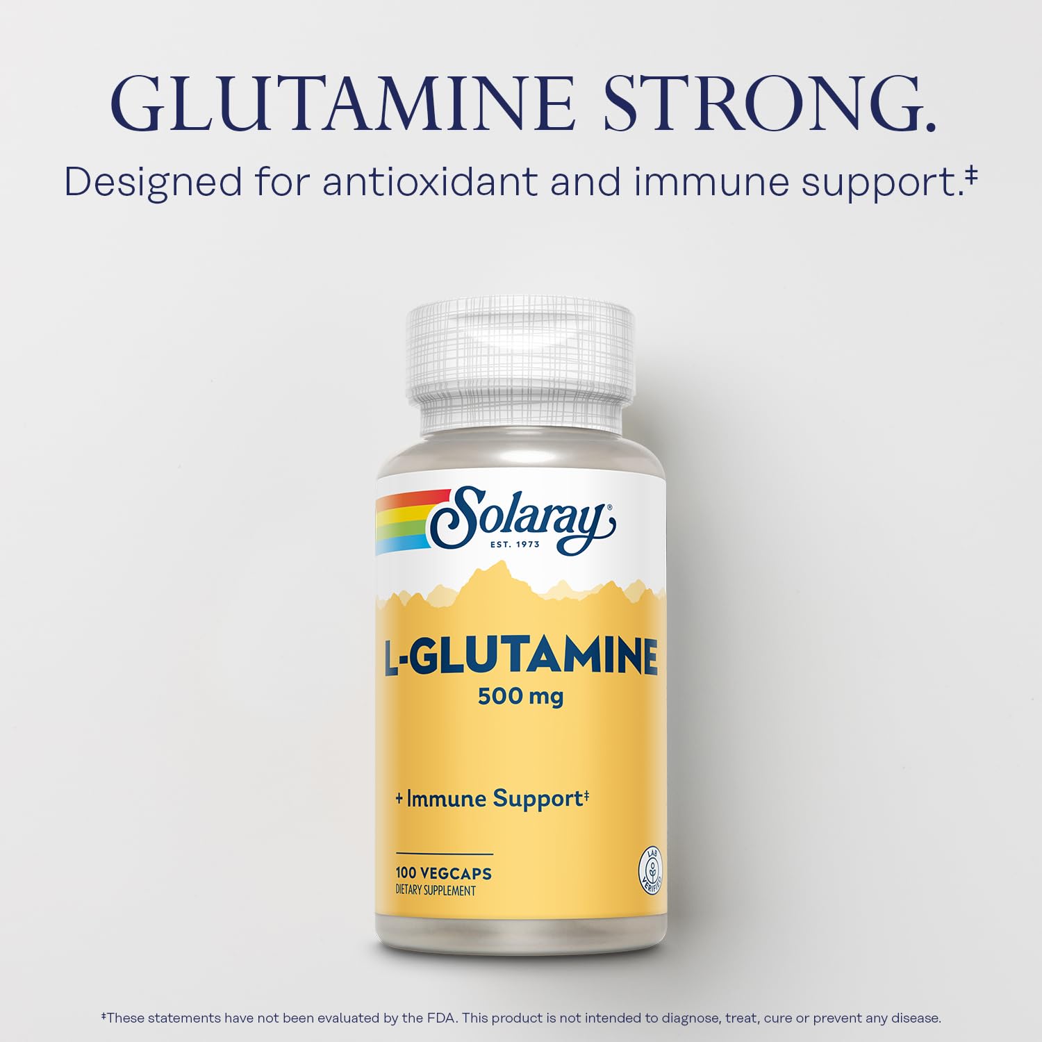 SOLARAY L-Glutamine bottle label highlights lab verification and quality.