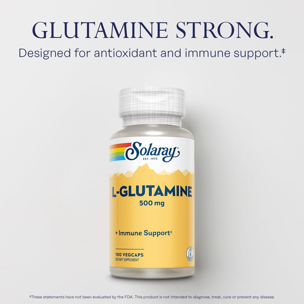 SOLARAY L-Glutamine bottle label highlights lab verification and quality.