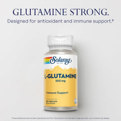 SOLARAY L-Glutamine bottle label highlights lab verification and quality.