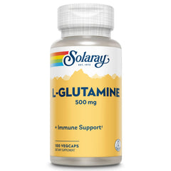SOLARAY L-Glutamine capsules bottle showing 100 servings for daily wellness.