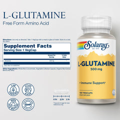 SOLARAY L-Glutamine capsules closeup showing 500 mg per serving.