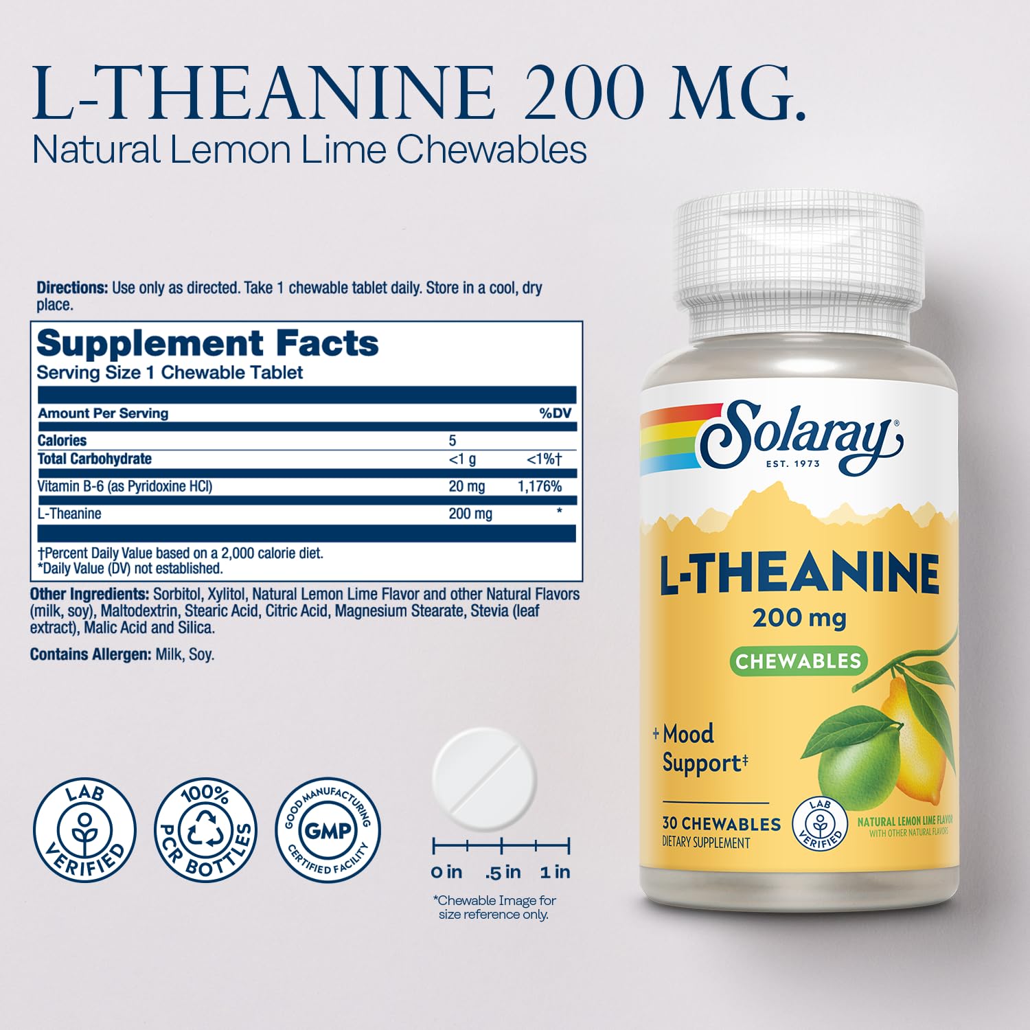 SOLARAY L-Theanine bottle label highlights ingredients for mood support