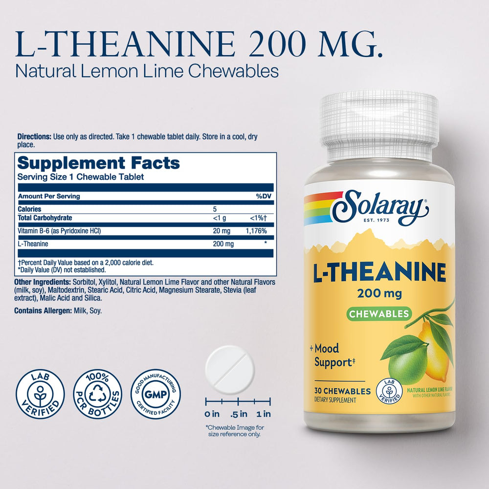 SOLARAY L-Theanine bottle label highlights ingredients for mood support