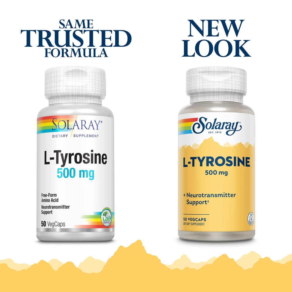 SOLARAY L-Tyrosine Veg Cap capsule closeup, showing 500 mg per cap.