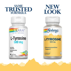 SOLARAY L-Tyrosine Veg Cap capsule closeup, showing 500 mg per cap.