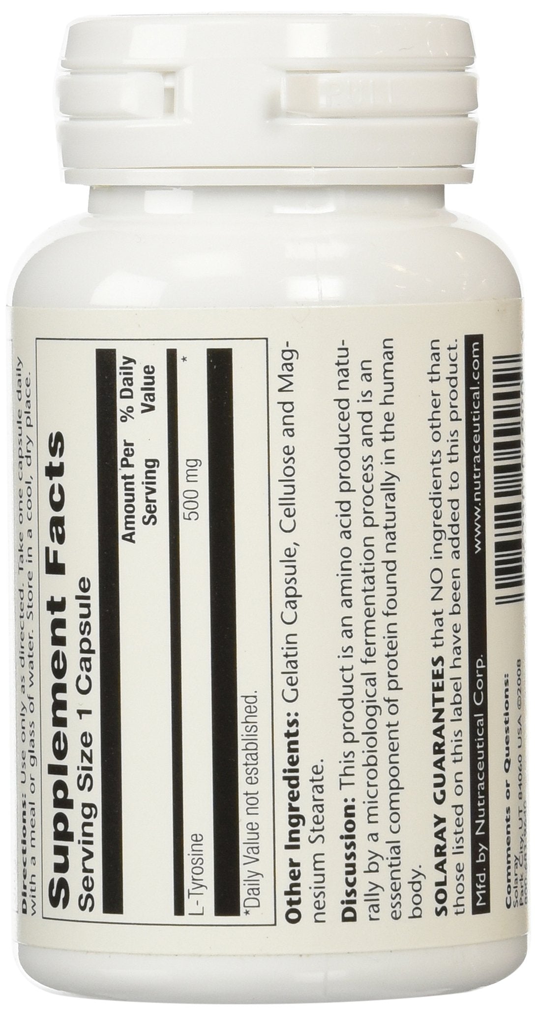 SOLARAY L-Tyrosine Veg Cap label view, highlights natural fermentation origin.