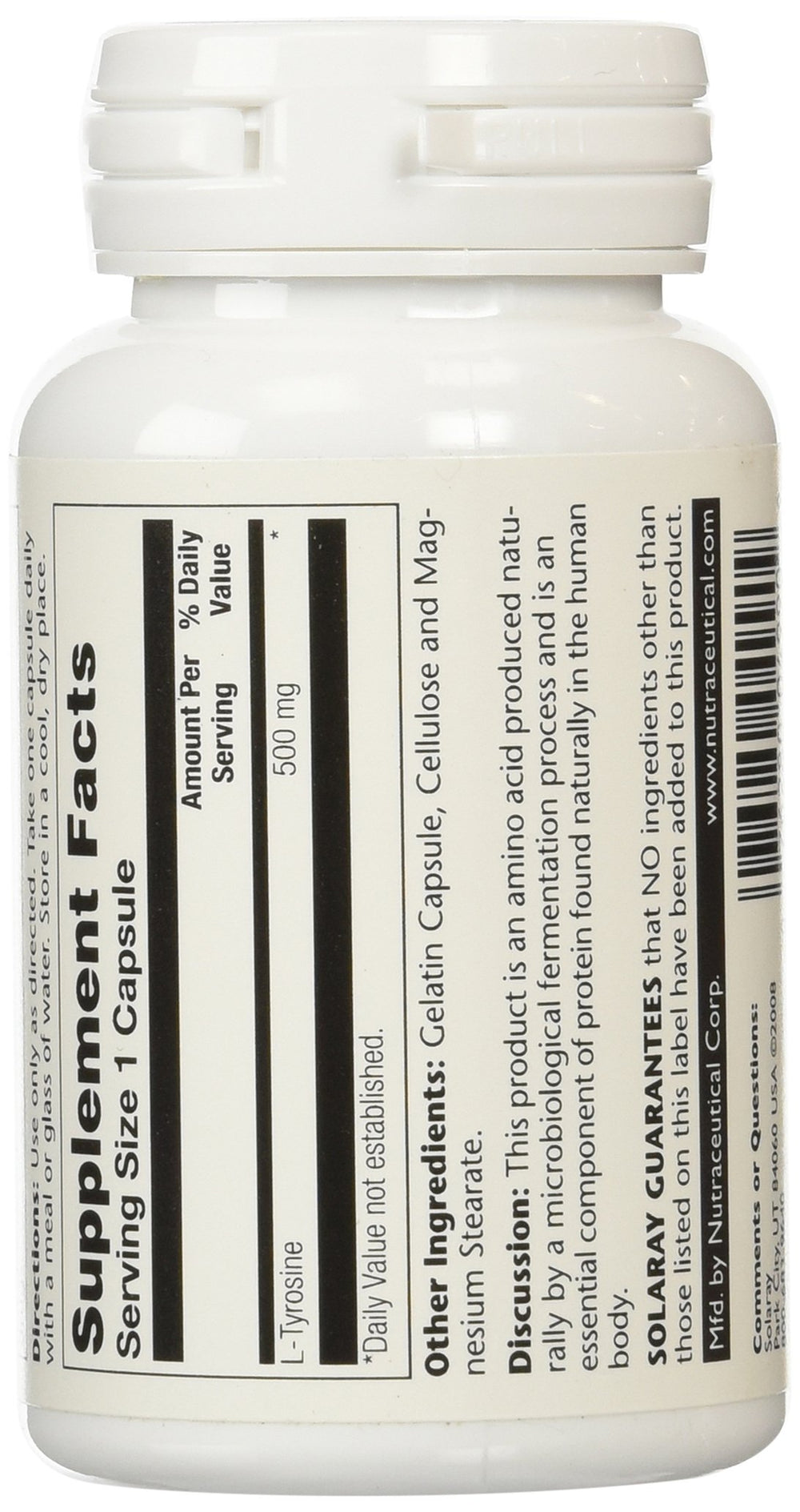 SOLARAY L-Tyrosine Veg Cap label view, highlights natural fermentation origin.