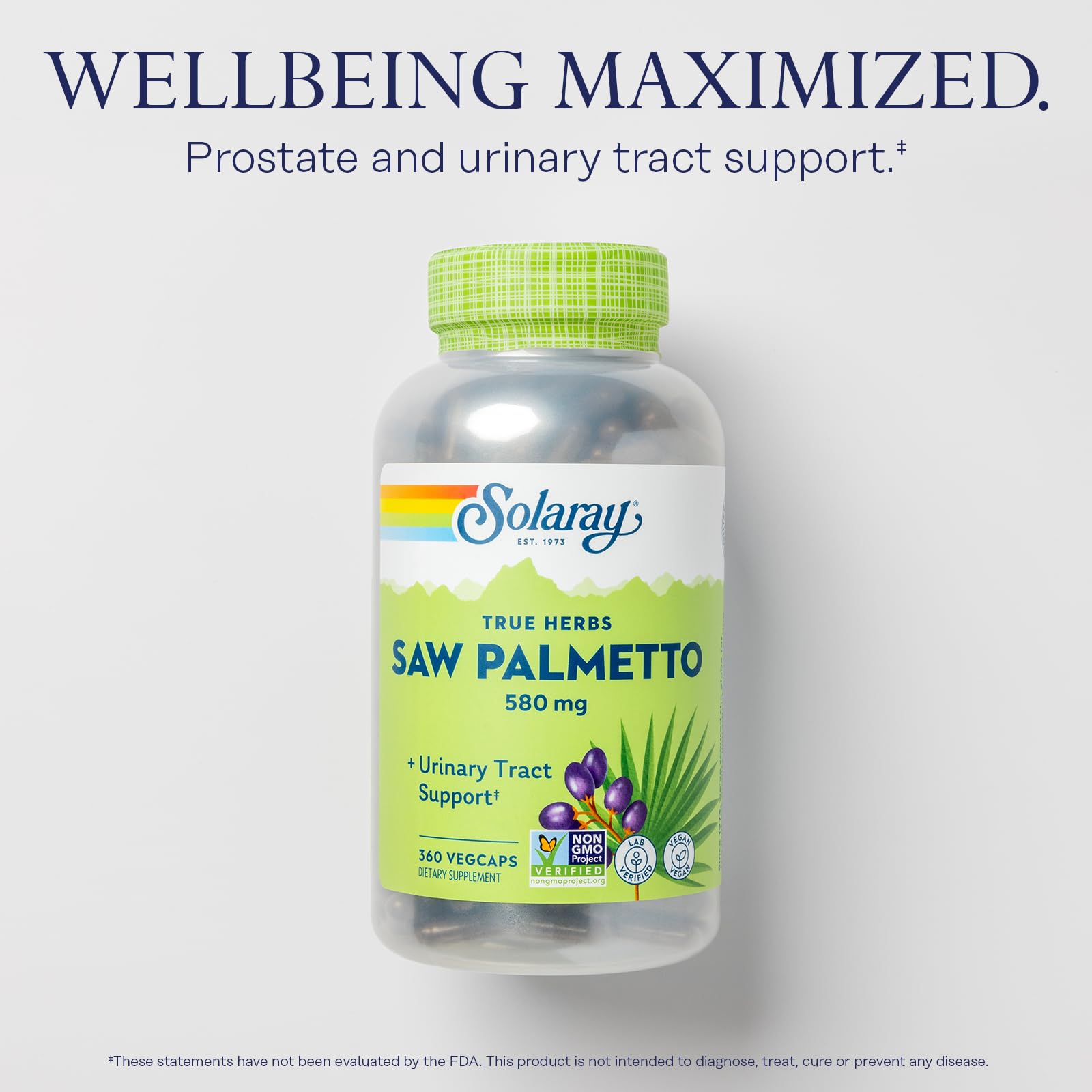 SOLARAY label detail shows non-GMO vegan formulation and quality testing