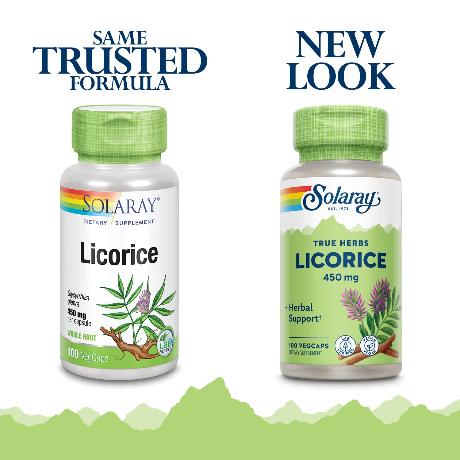 SOLARAY Licorice Root capsules closeup showing vegan, non-GMO formula