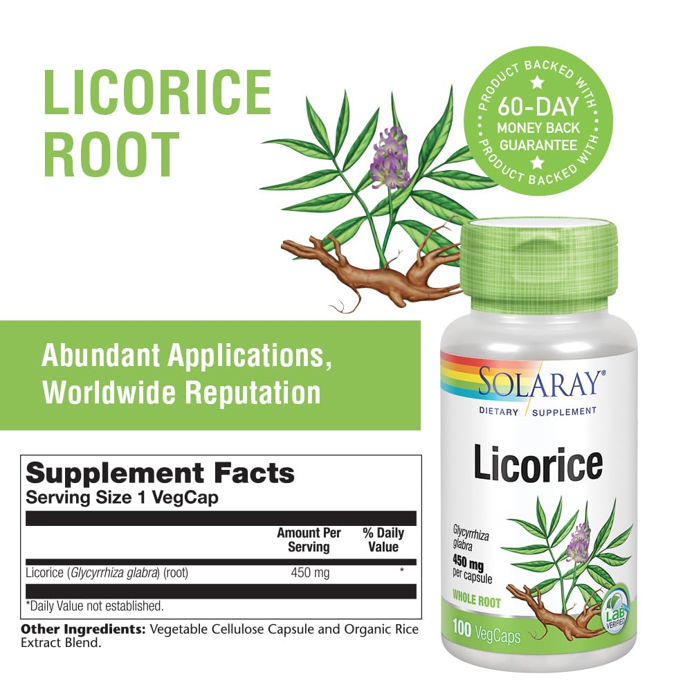 SOLARAY Licorice Root 450mg label with vegan and non-GMO certifications