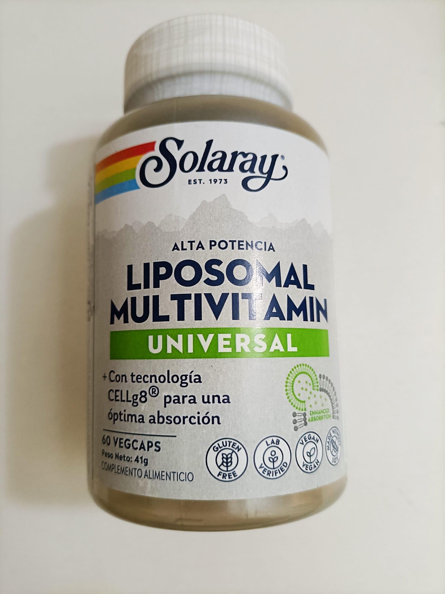 SOLARAY liposomal multivitamin bottle front emphasizes high absorption nutrition.