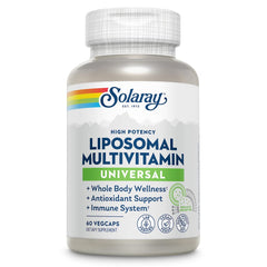 SOLARAY liposomal multivitamin bottle label highlighting enhanced absorption.