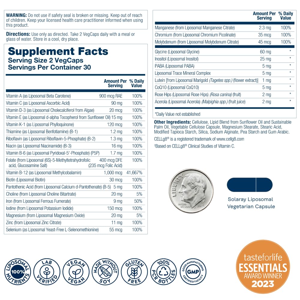 SOLARAY liposomal multivitamin bottle side view shows compact packaging.