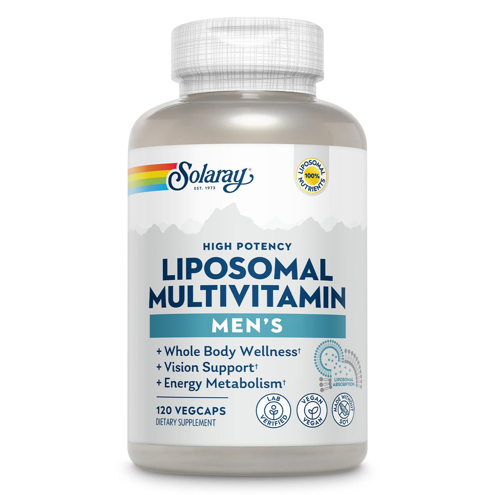 SOLARAY liposomal multivitamin bottle showing enhanced absorption and daily energy support.