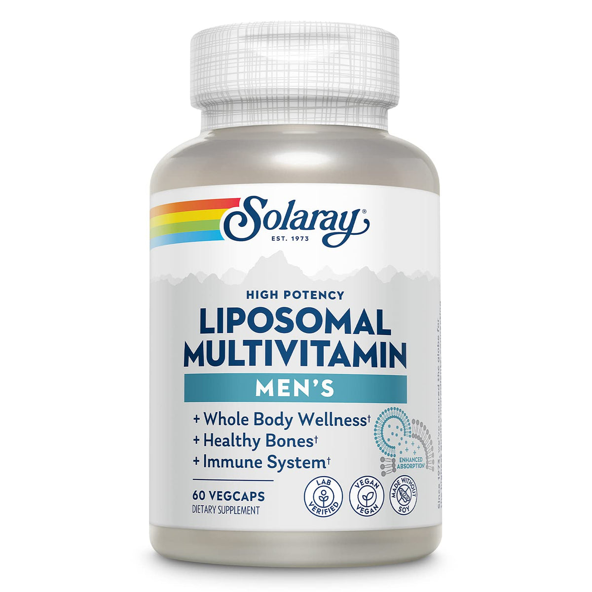SOLARAY Liposomal Multivitamin for Men bottle for easy absorption and daily nourishment.