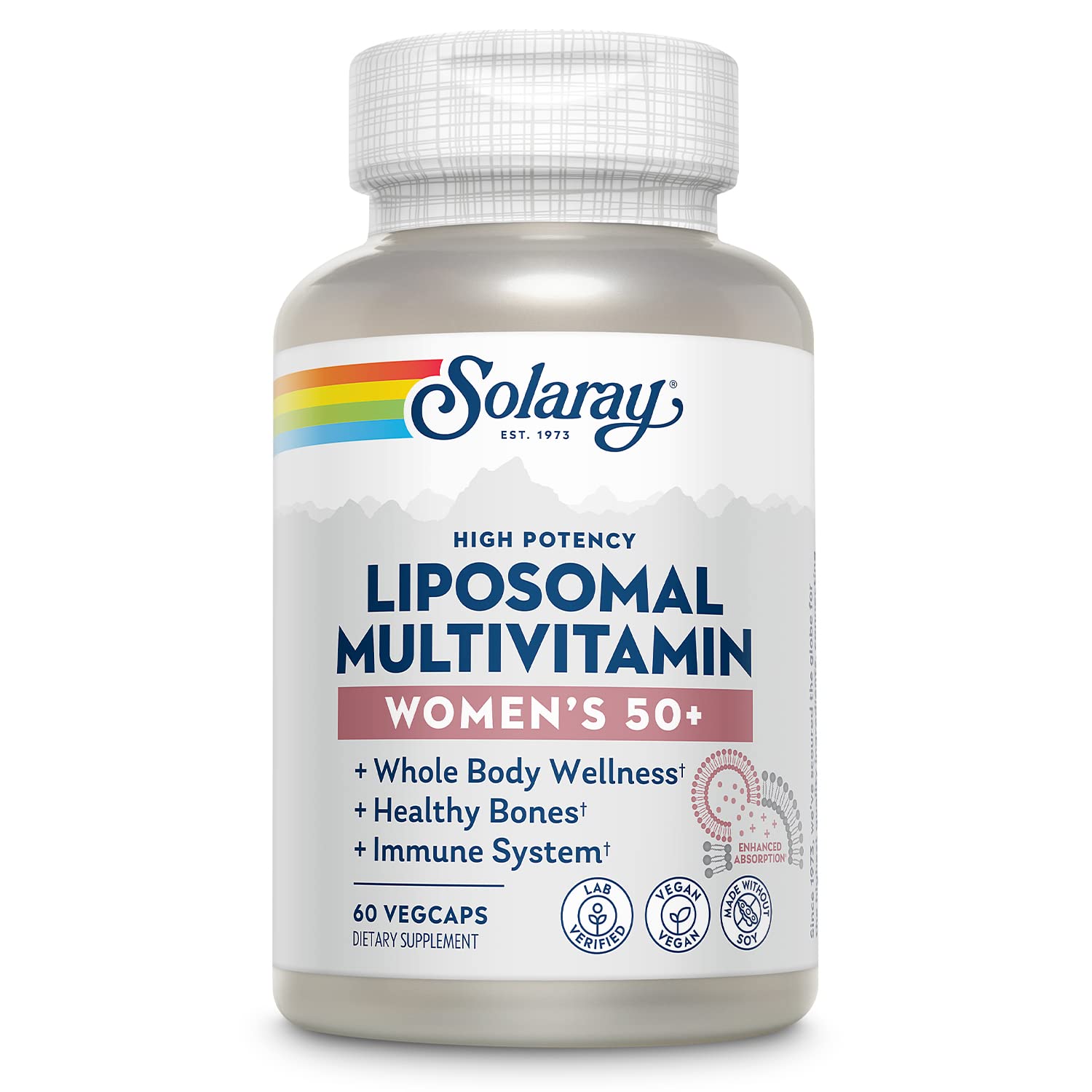 SOLARAY liposomal multivitamin bottle with 60 vegan capsules for women 50+, supports bone health.