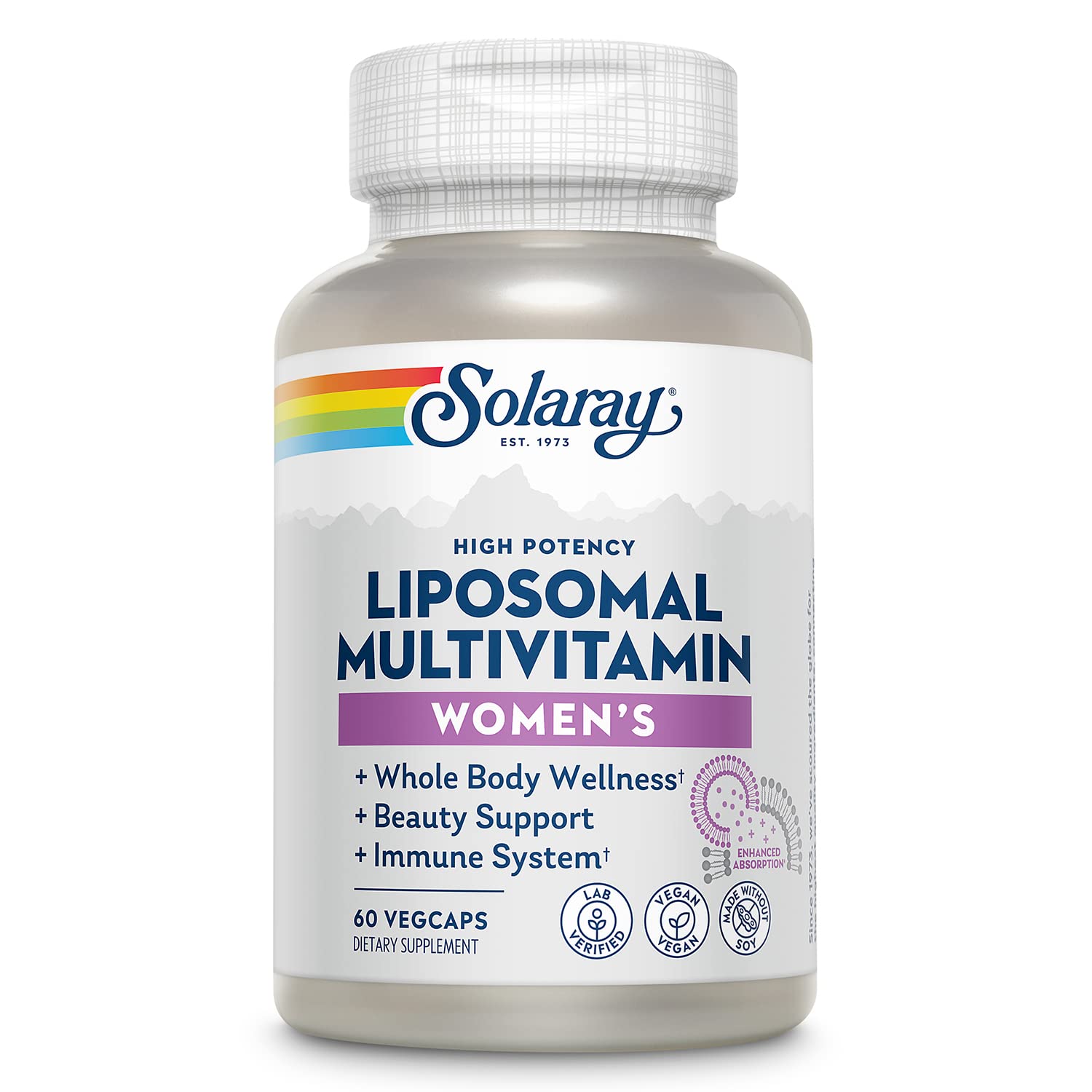 SOLARAY liposomal multivitamin for women bottle front—daily wellness in sleek packaging.