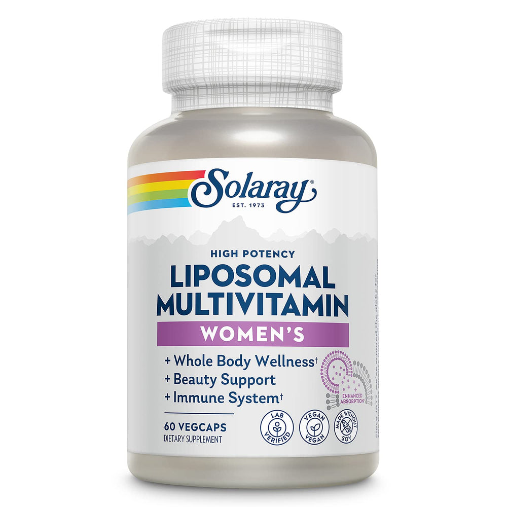 SOLARAY liposomal multivitamin for women bottle front—daily wellness in sleek packaging.