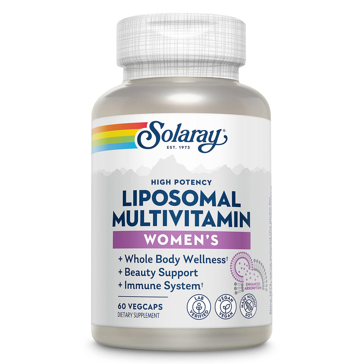 SOLARAY liposomal multivitamin for women bottle front—daily wellness in sleek packaging.