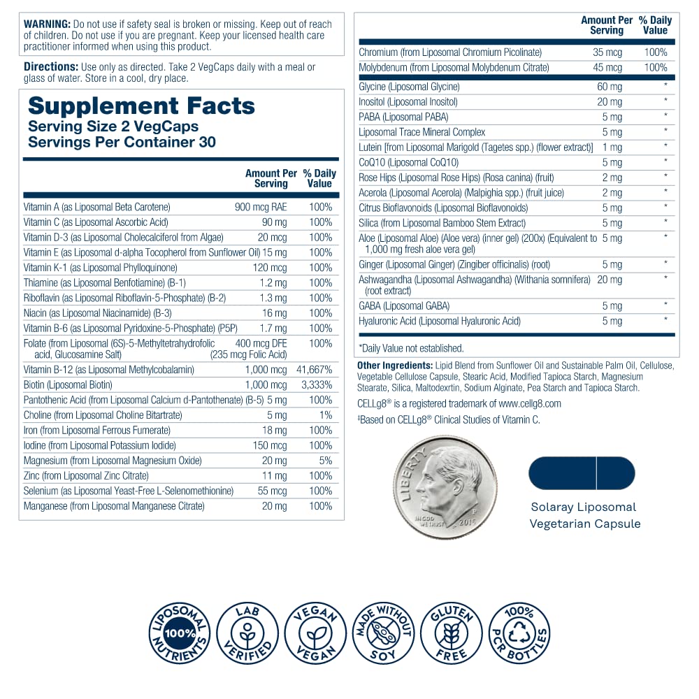 SOLARAY liposomal multivitamin women capsules closeup—easy-to-swallow vegan capsules.