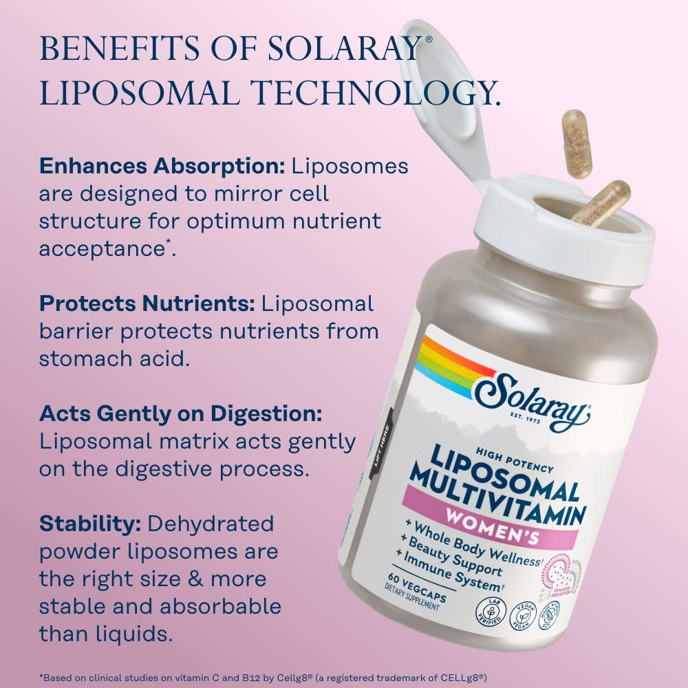 SOLARAY liposomal multivitamin women packaging eco—sustainable packaging for eco-conscious users.