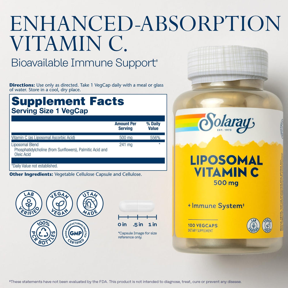 SOLARAY Liposomal Vitamin C 500mg capsules closeup showing advanced absorption design