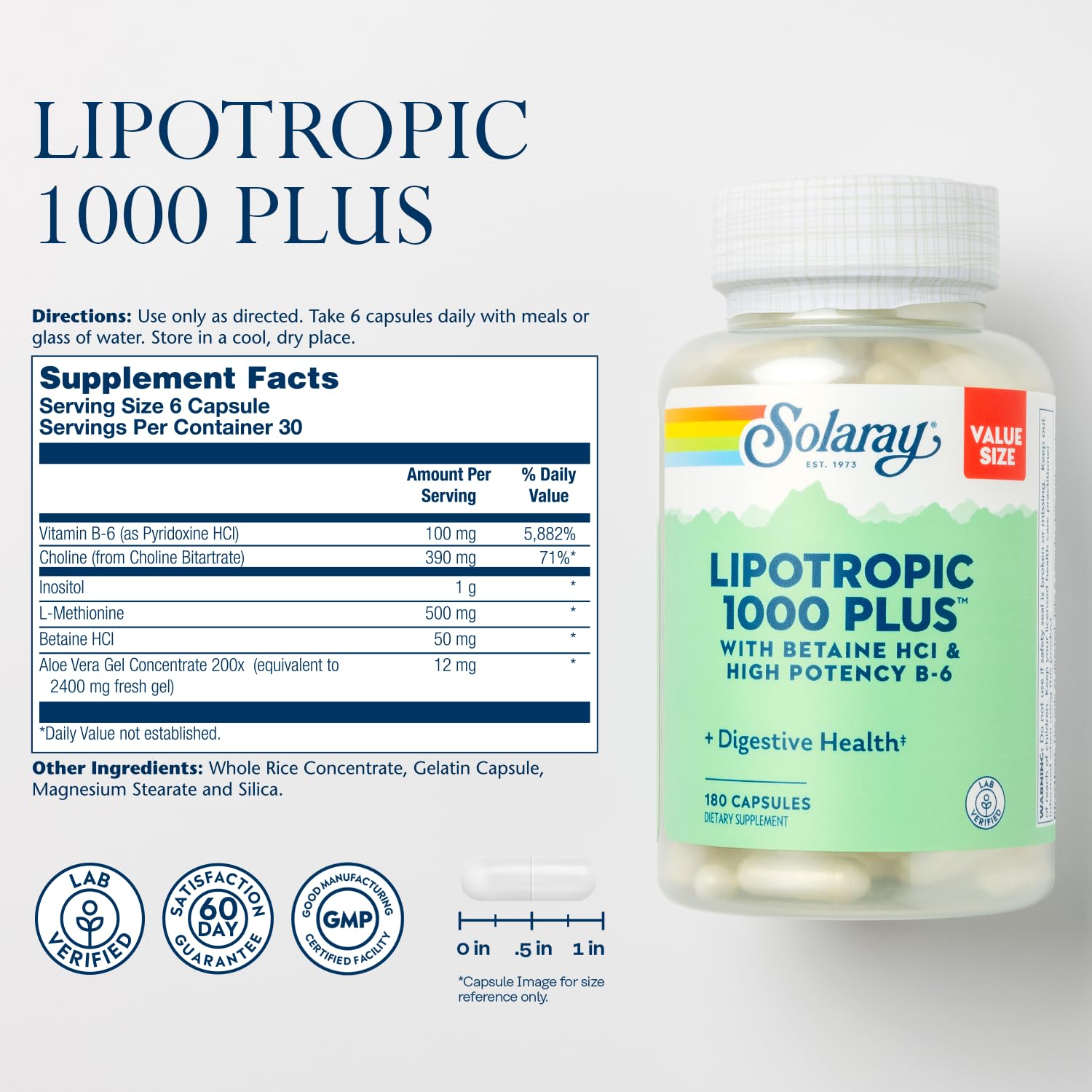 SOLARAY Lipotropic 1000 capsules in a bottle for energy support
